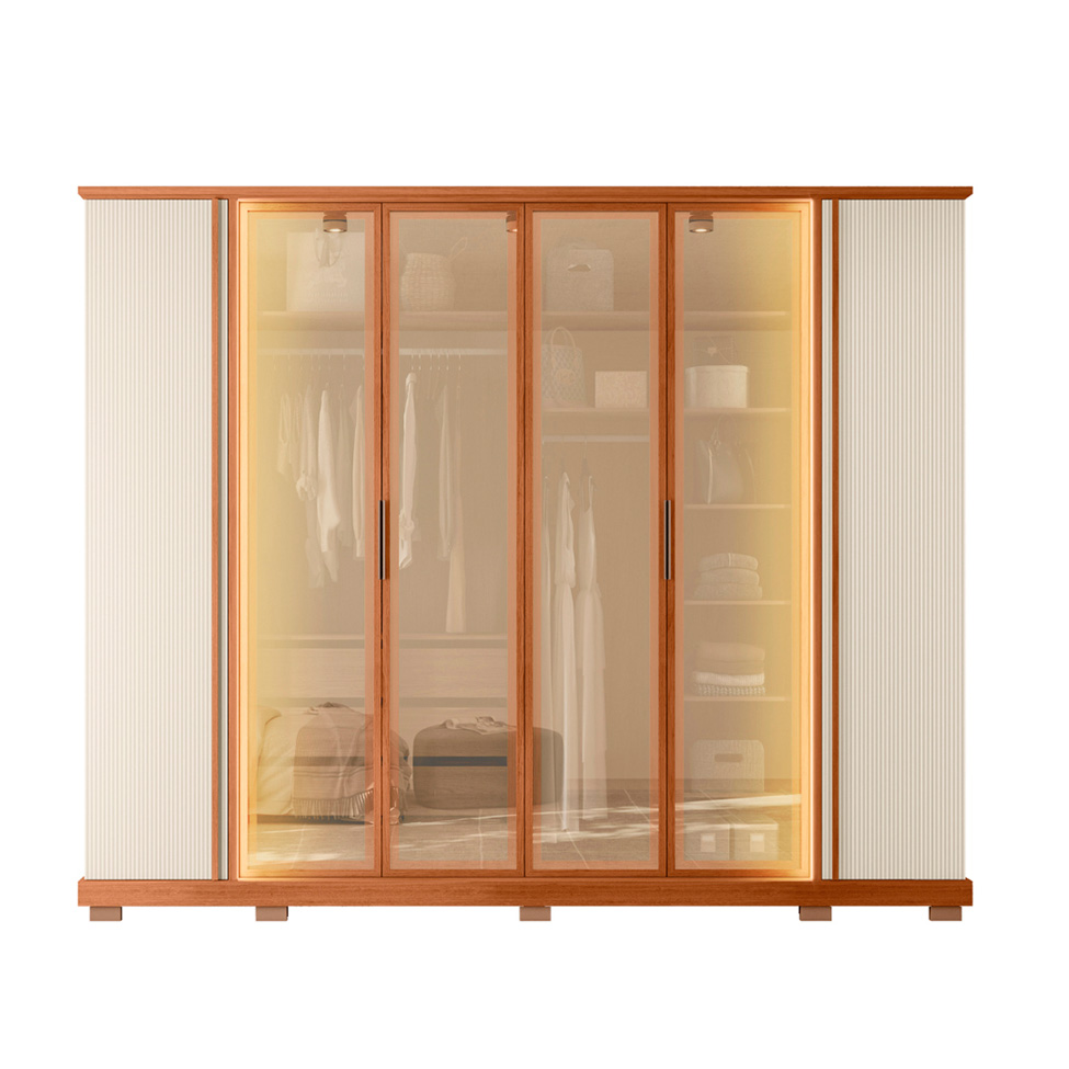 Guarda-Roupa Casal com Reflecta Quinn Ripado 6 Portas 4 Gavetas Freijó e Off White