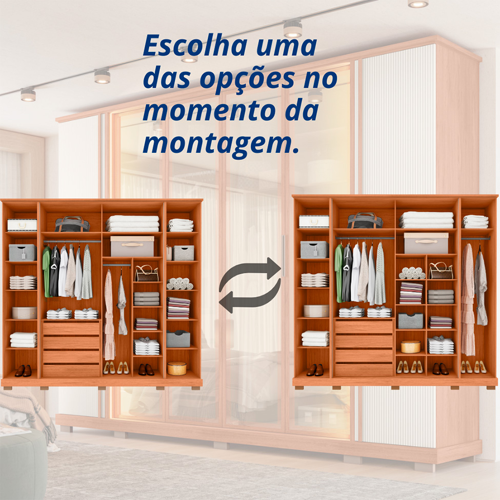 Guarda-Roupa Casal com Reflecta Quinn Ripado 6 Portas 4 Gavetas Freijó e Off White