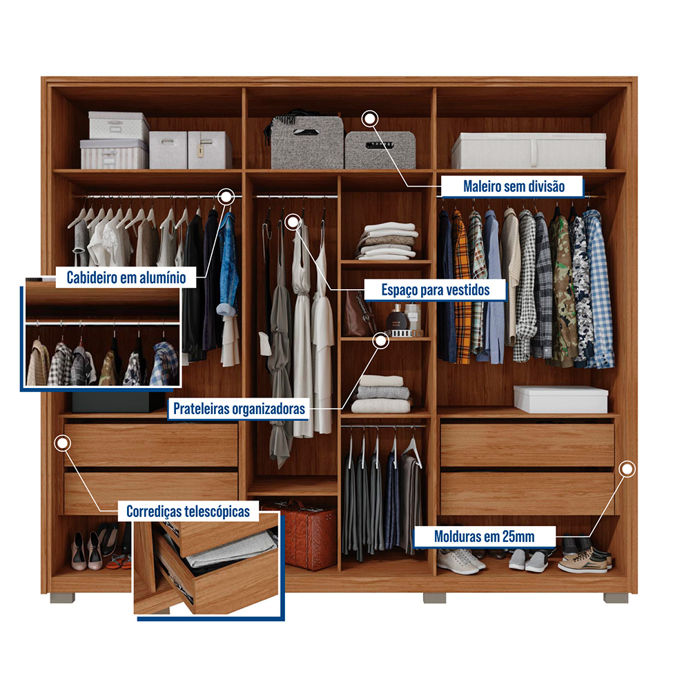 Guarda-Roupa Casal com Vidro Reflecta 6 Portas 4 Gavetas Buriti
