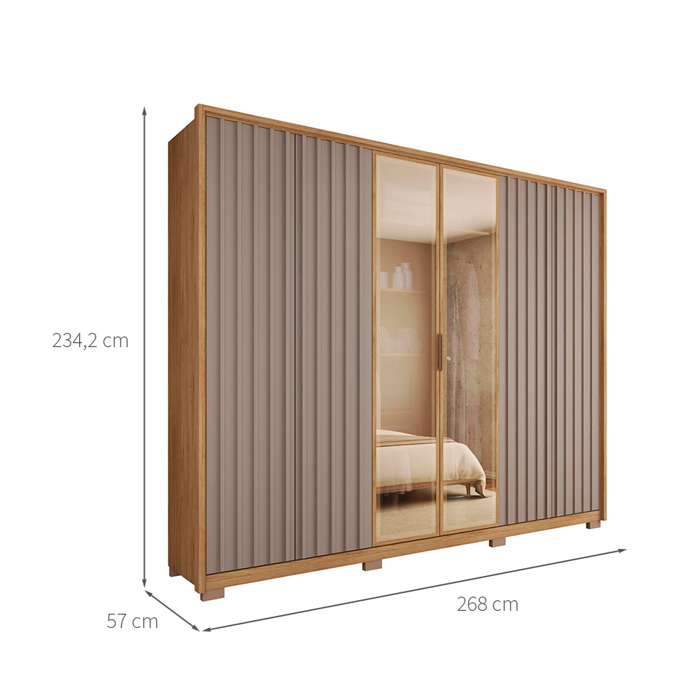 Guarda-Roupa Casal com Vidro Reflecta 6 Portas 4 Gavetas Buriti e Fendi