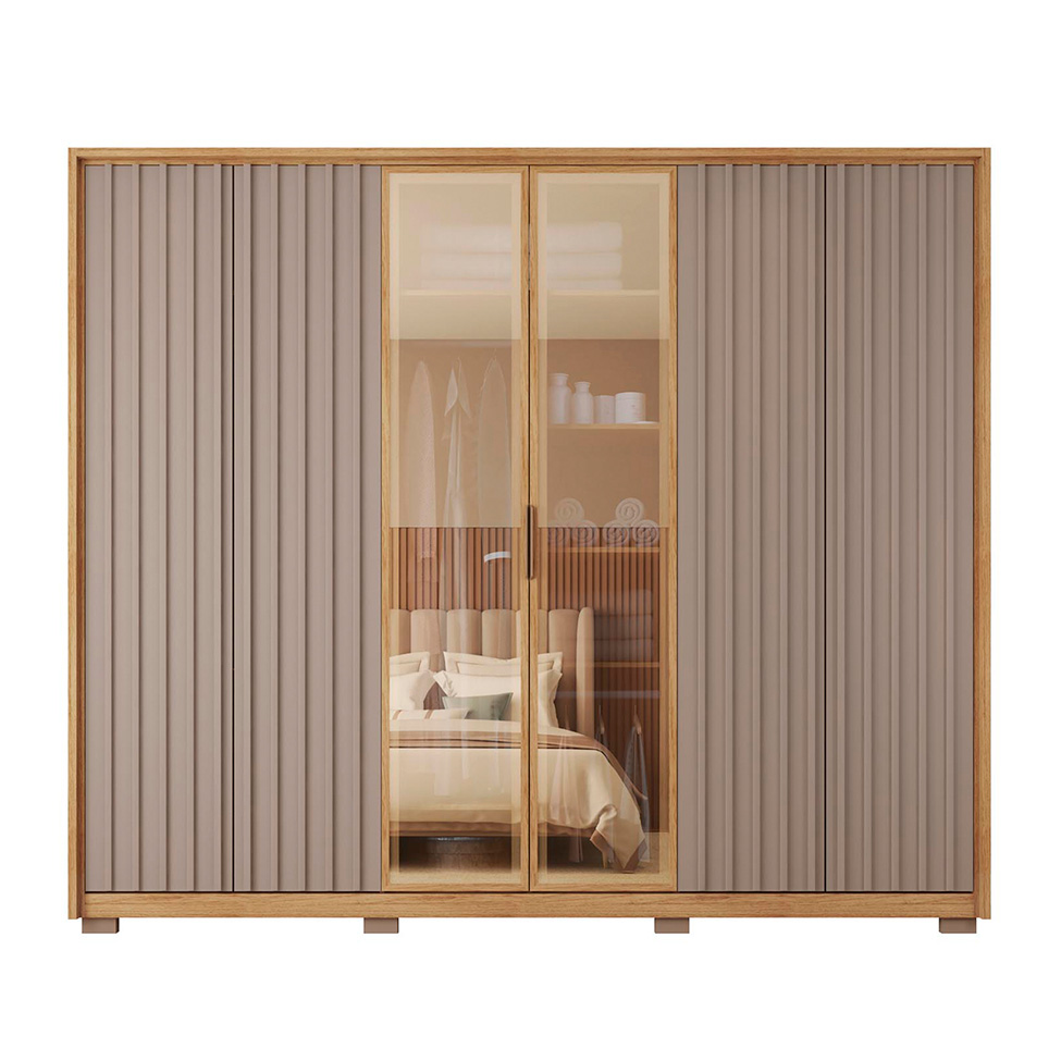 Guarda-Roupa Casal com Vidro Reflecta 6 Portas 4 Gavetas Buriti e Fendi