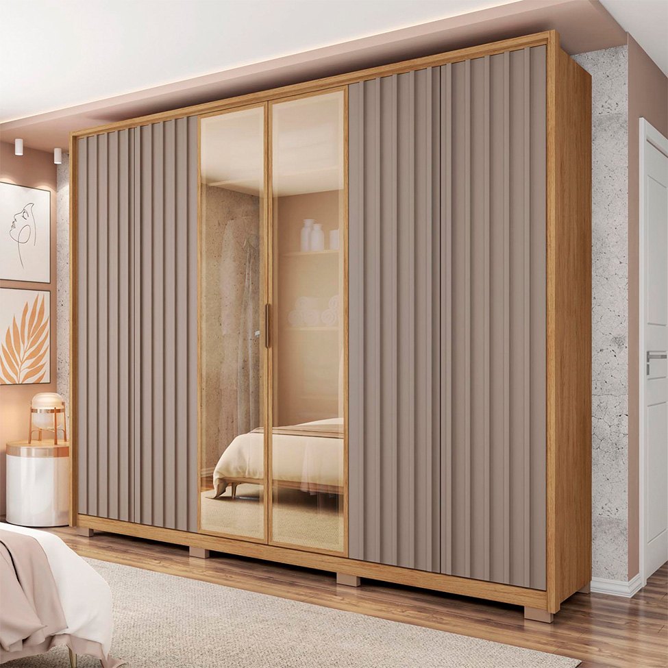 Guarda-Roupa Casal com Vidro Reflecta 6 Portas 4 Gavetas Buriti e Fendi