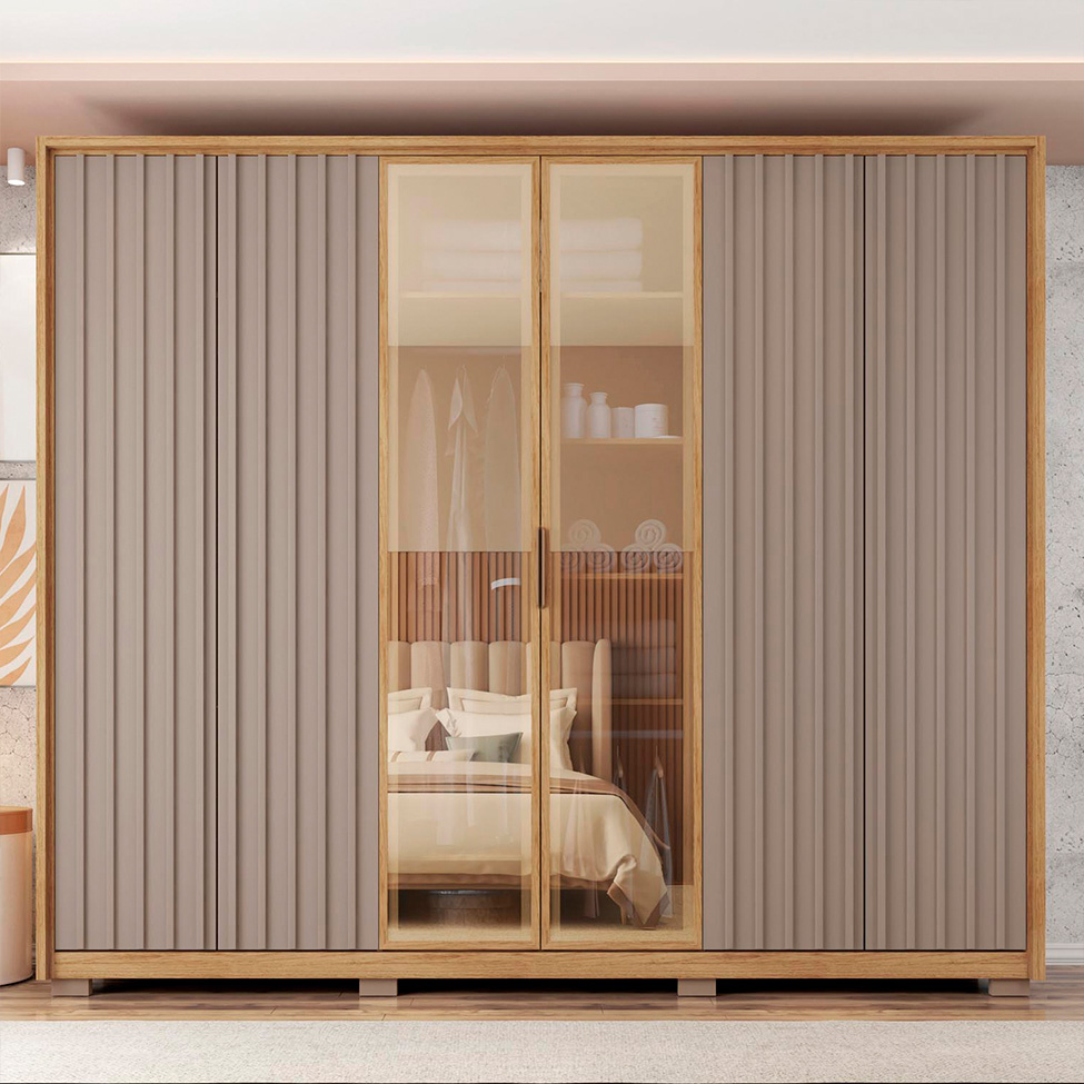 Guarda-Roupa Casal com Vidro Reflecta 6 Portas 4 Gavetas Buriti e Fendi