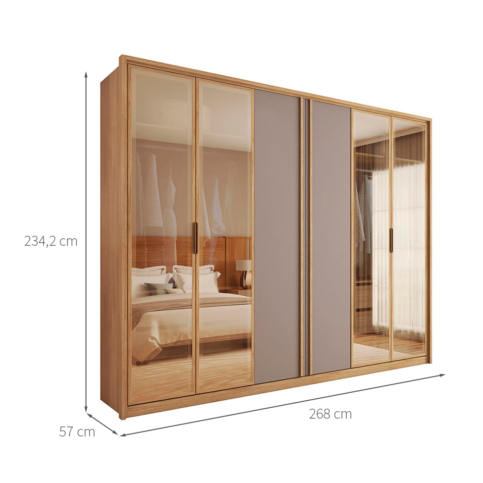 Guarda-Roupa Casal com Vidro Reflecta Cristal 6 Portas 4 Gavetas Buriti e Fendi