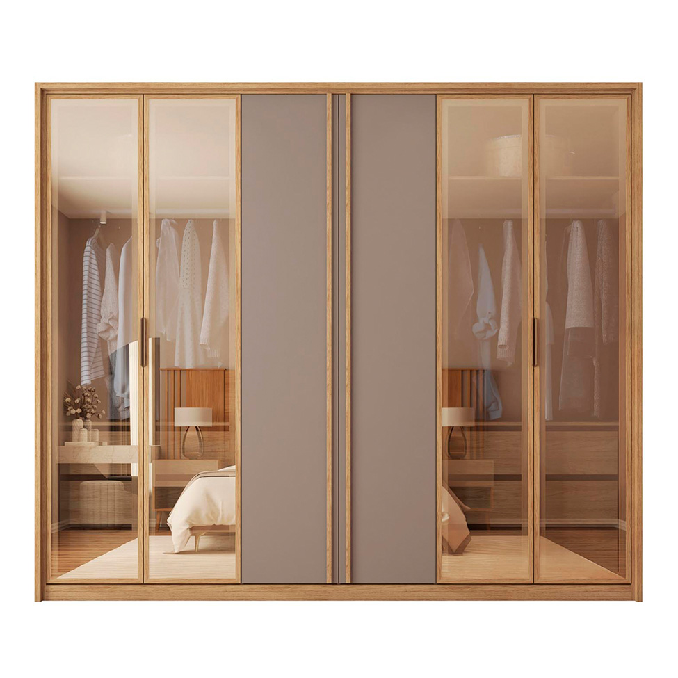 Guarda-Roupa Casal com Vidro Reflecta Cristal 6 Portas 4 Gavetas Buriti e Fendi