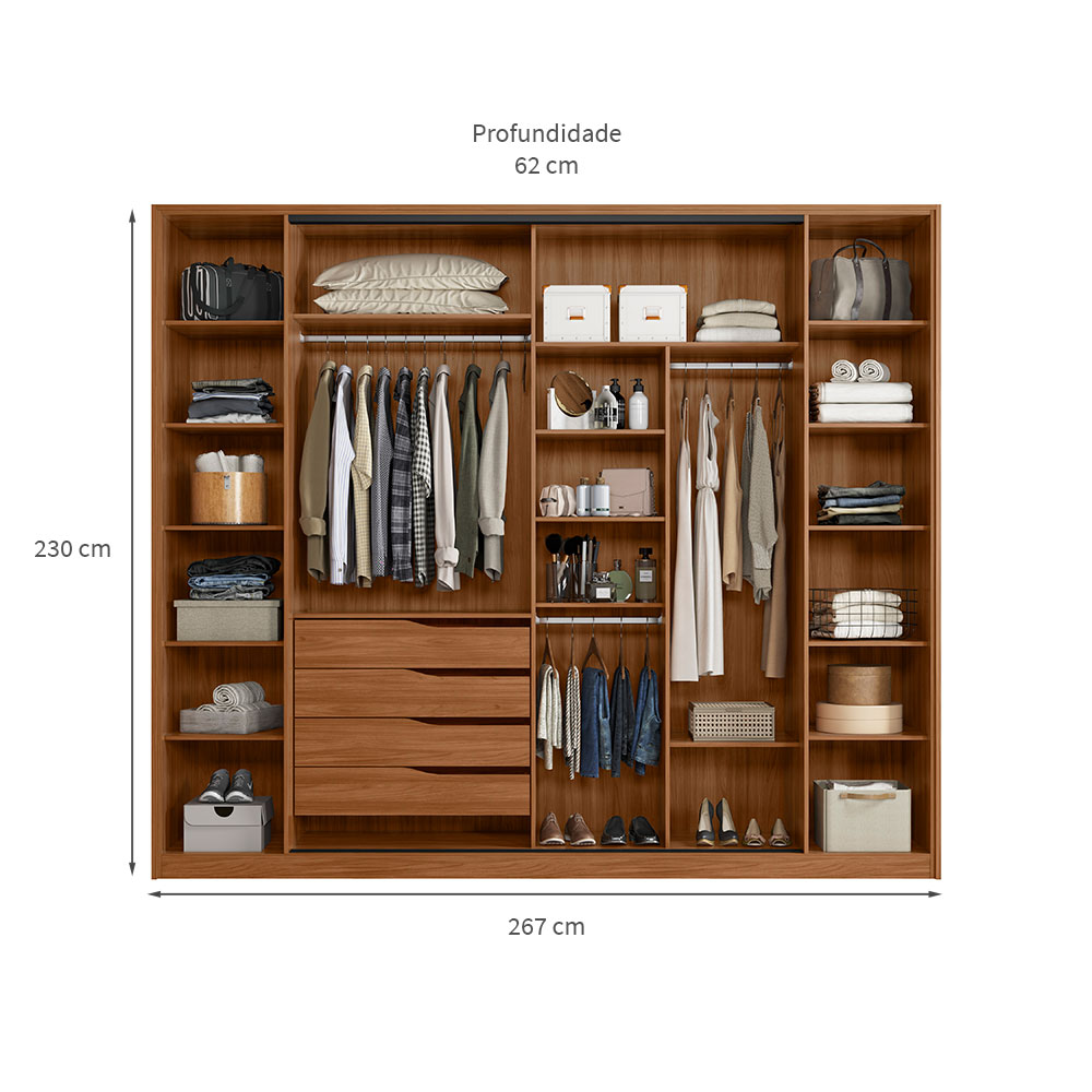 Guarda-Roupa Casal com Vidro Reflecta Laredo 4 PT 4 GV Nogueira e Preto