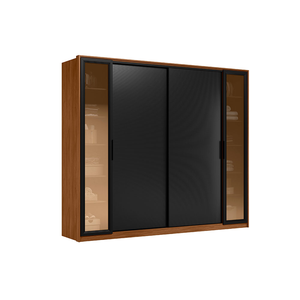 Guarda-Roupa Casal com Vidro Reflecta Laredo 4 PT 4 GV Nogueira e Preto