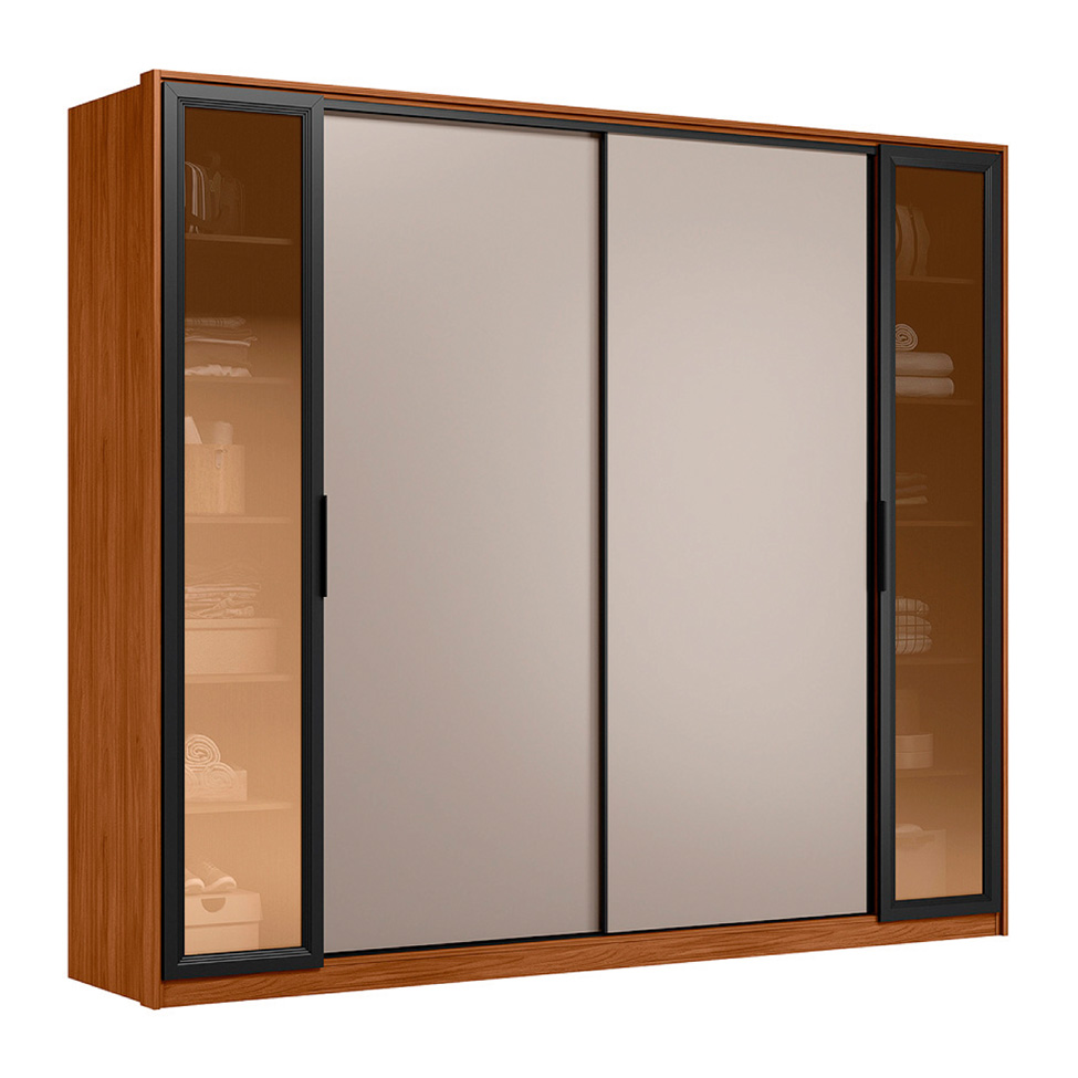 Guarda-Roupa Casal com Vidro Reflecta Laredo 4 Portas 4 Gavetas Nogueira e Nude Prime