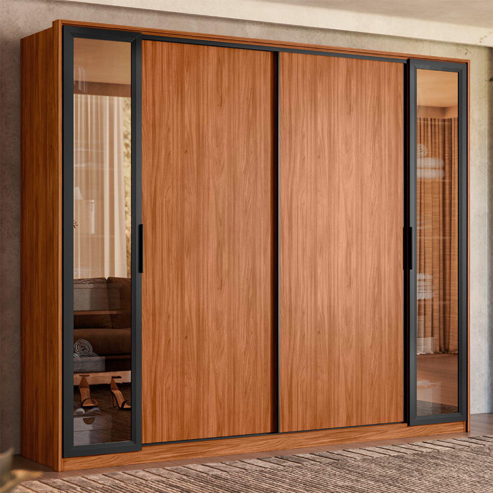 Guarda-Roupa Casal com Vidro Reflecta Laredo 4 Portas 4 Gavetas Nogueira e Nude Prime