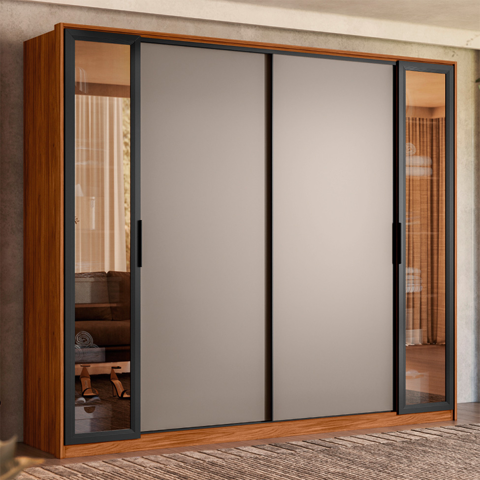 Guarda-Roupa Casal com Vidro Reflecta Laredo 4 Portas 4 Gavetas Nogueira e Nude Prime