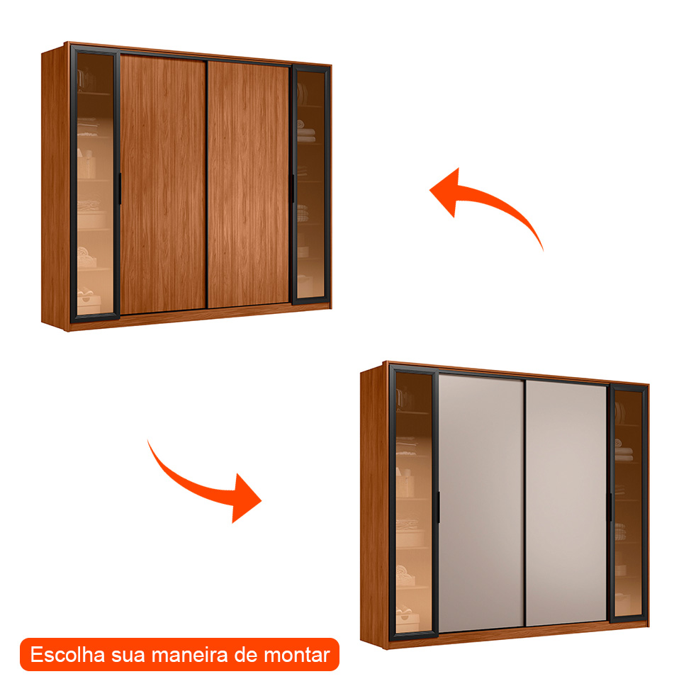 Guarda-Roupa Casal com Vidro Reflecta Laredo 4 Portas 4 Gavetas Nogueira e Nude Prime