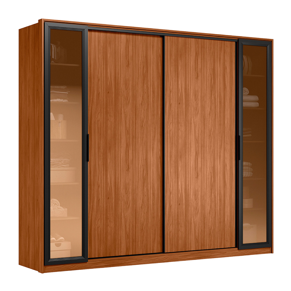 Guarda-Roupa Casal com Vidro Reflecta Laredo 4 Portas 4 Gavetas Nogueira e Nude Prime