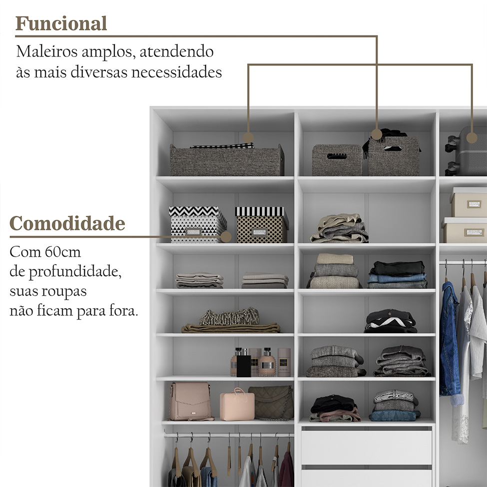 Guarda-Roupa Closet 100% MDF 3 Gavetas Bege 209 cm