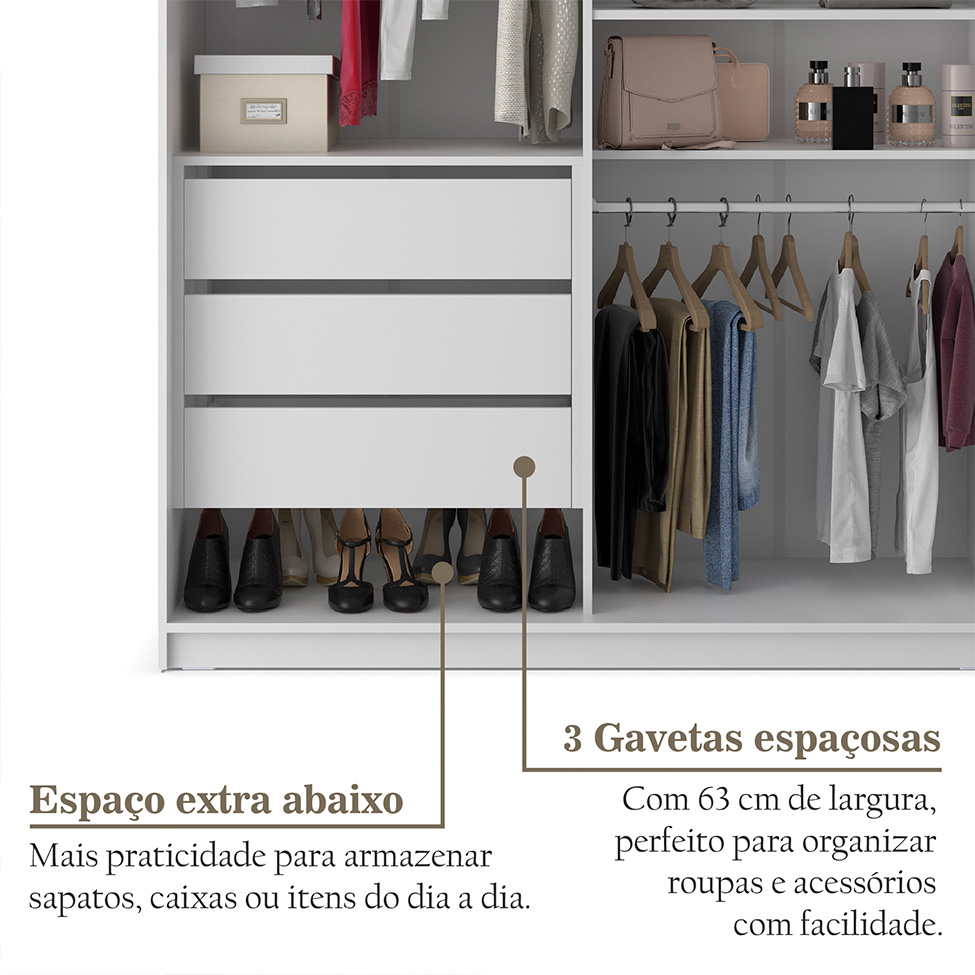 Guarda-Roupa Closet 100% MDF 3 Gavetas Branco 140 cm