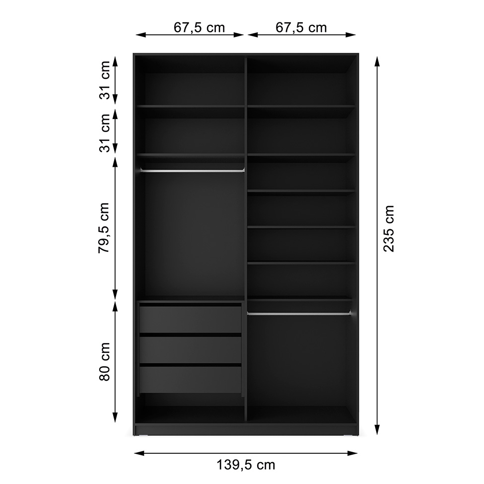Guarda-Roupa Closet 100% MDF 3 Gavetas Preto 140 cm