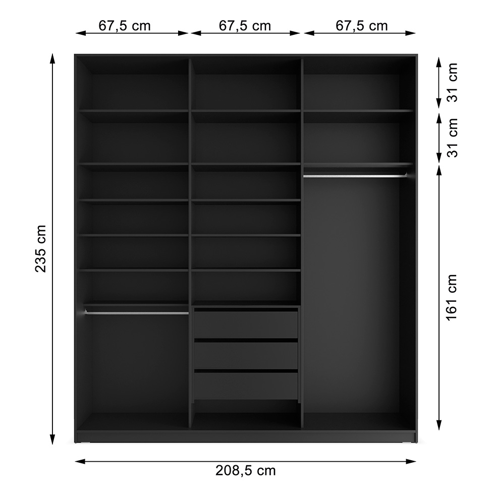Guarda-Roupa Closet 100% MDF 3 Gavetas Preto 209 cm