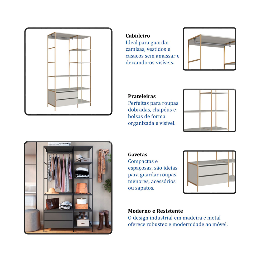 Guarda-Roupa Closet Industrial Glam 2 Gavetas Arenas e Dourado