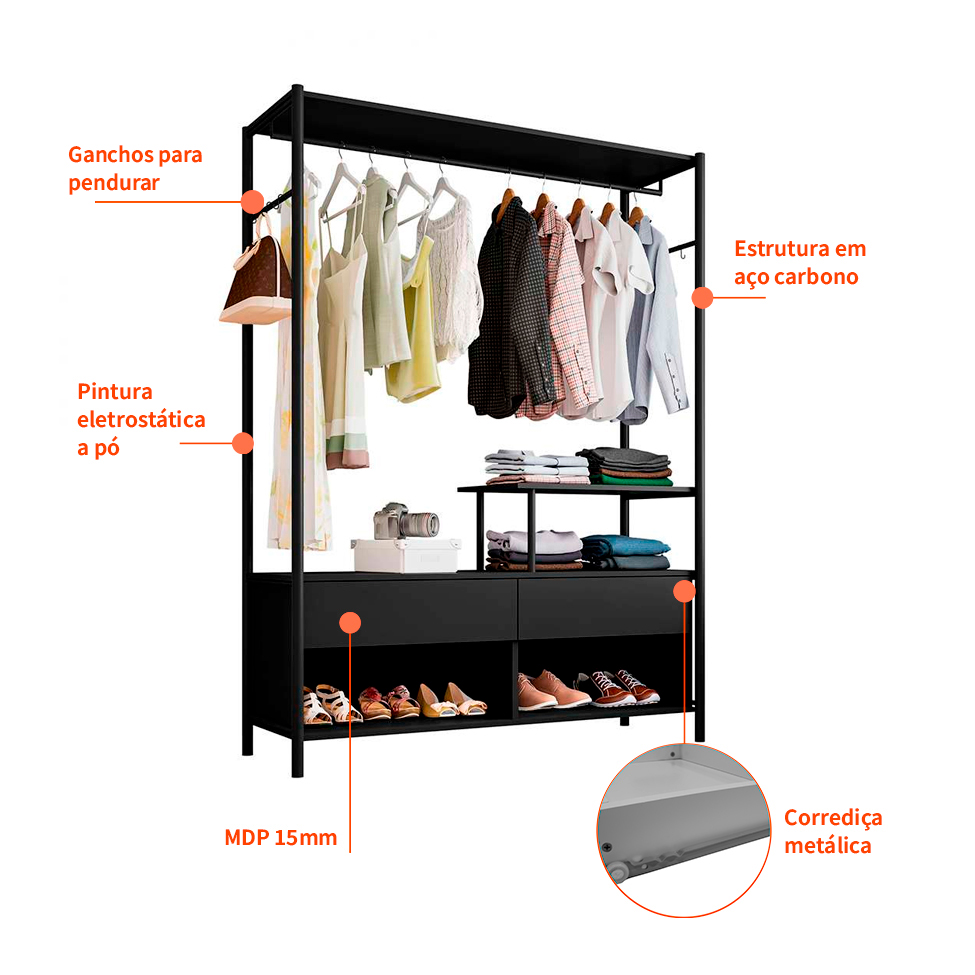 Guarda-Roupa Closet Modulado Barcelona Preto