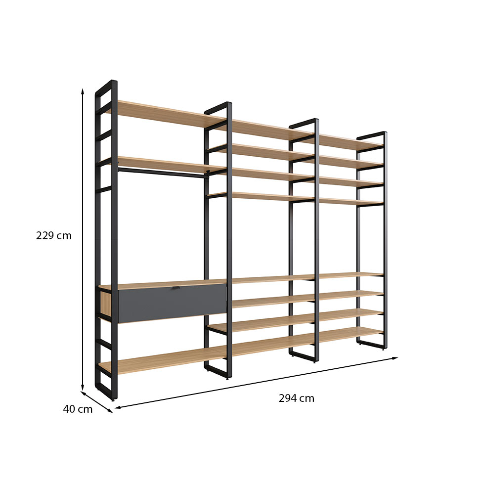 Guarda-Roupa Closet Modulado Industrial Philly 1 Gaveta Cedro e Grafite 294 cm