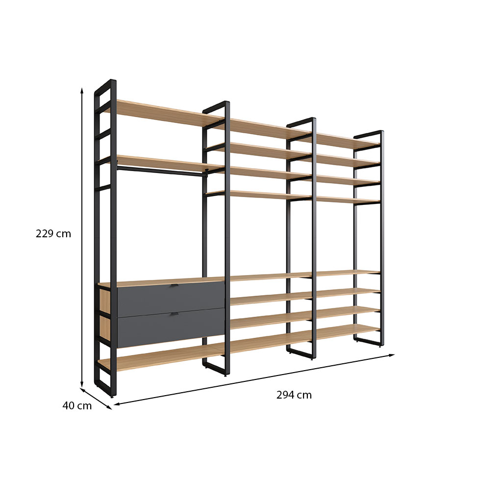Guarda-Roupa Closet Modulado Industrial Philly 2 Gavetas Cedro e Grafite 294 cm