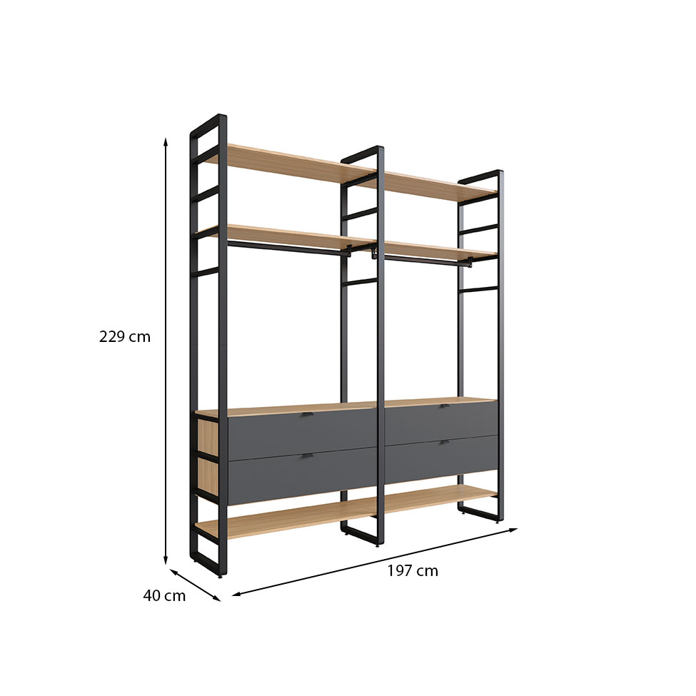 Guarda-Roupa Closet Modulado Industrial Philly 4 Gavetas Cedro e Grafite 197 cm