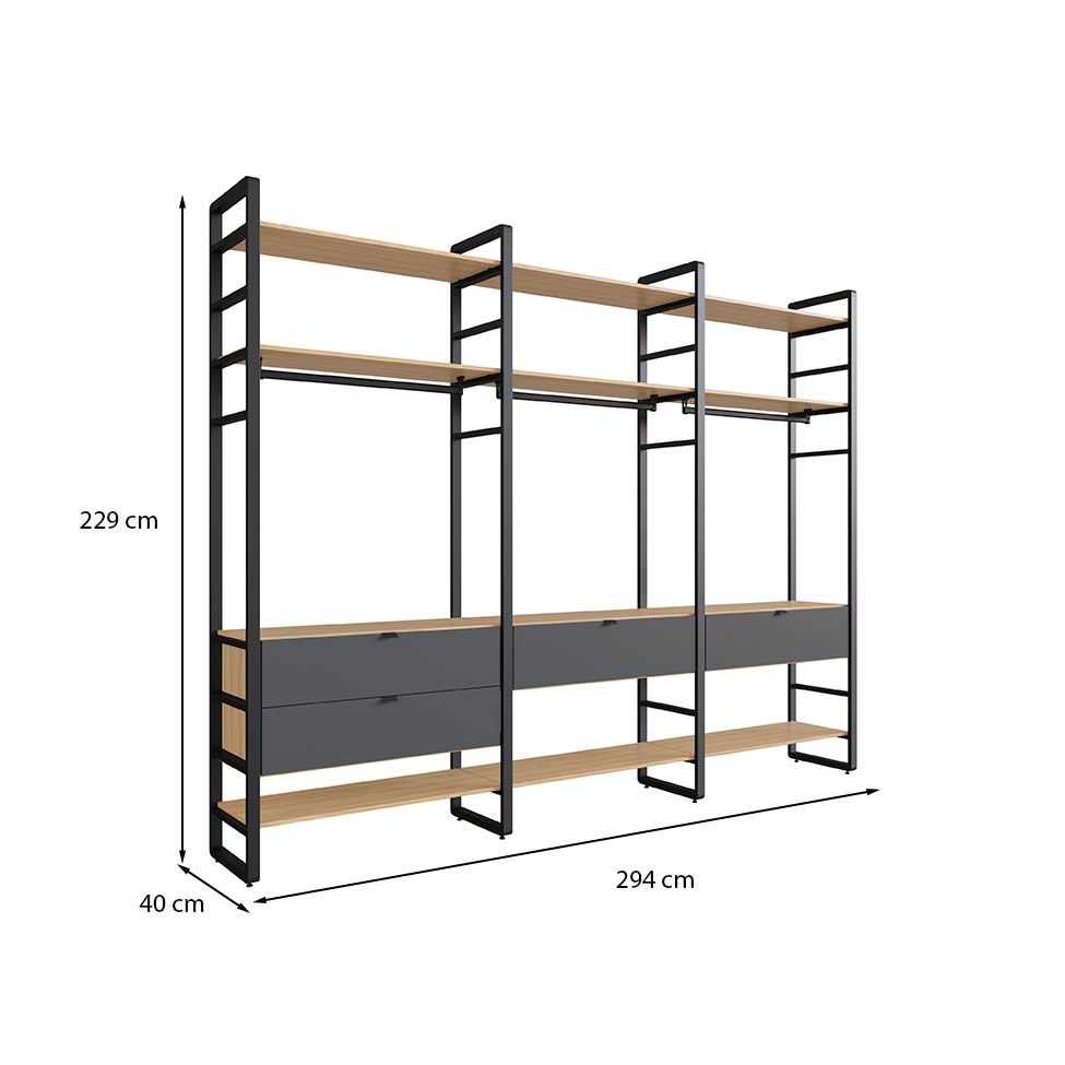 Guarda-Roupa Closet Modulado Industrial Philly 4 Gavetas Cedro e Grafite 294 cm
