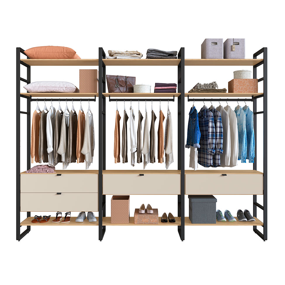 Guarda-Roupa Closet Modulado Industrial Philly 4 Gavetas Cedro e Off White 294 cm