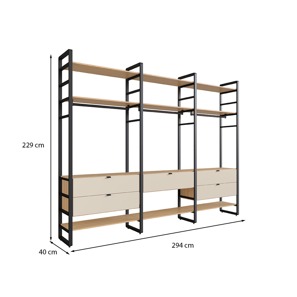 Guarda-Roupa Closet Modulado Industrial Philly 5 Gavetas Cedro e Off White
