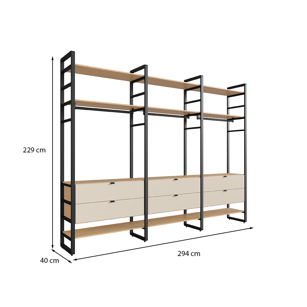 Guarda-Roupa Closet Modulado Industrial Philly 6 Gavetas Cedro e Off White