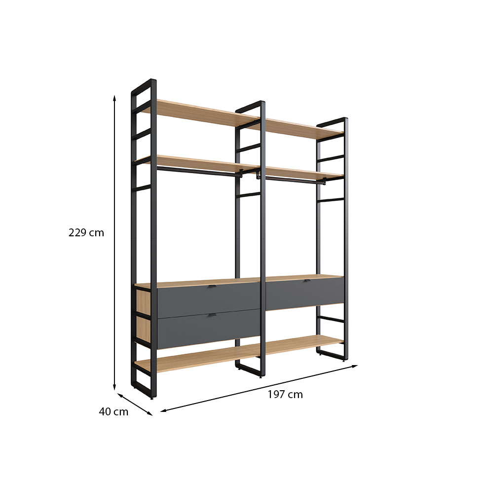 Guarda-Roupa Closet Modulado Industrial Philly II 3 Gavetas Cedro e Grafite 197 cm