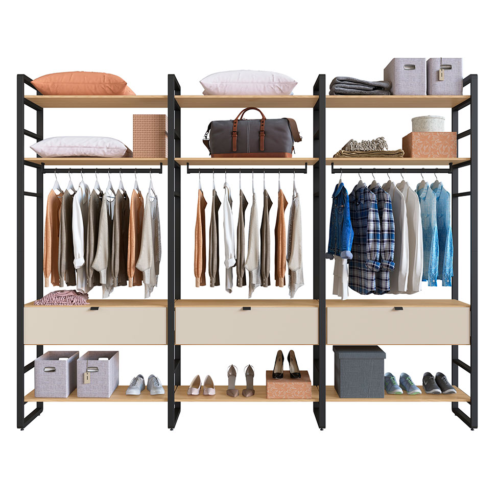 Guarda-Roupa Closet Modulado Industrial Philly II 3 Gavetas Cedro e Off White 294 cm
