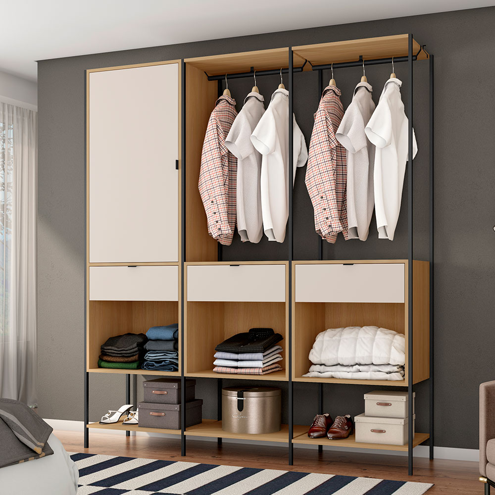 Guarda-Roupa Closet Modulado Maverick 1 Porta 3 Gavetas Carvalho e Off White 168 cm