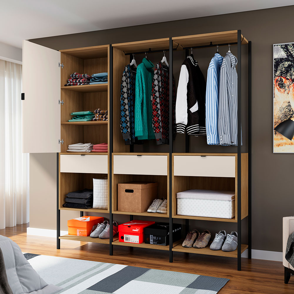 Guarda-Roupa Closet Modulado Maverick 1 Porta 3 Gavetas Carvalho e Off White 168 cm
