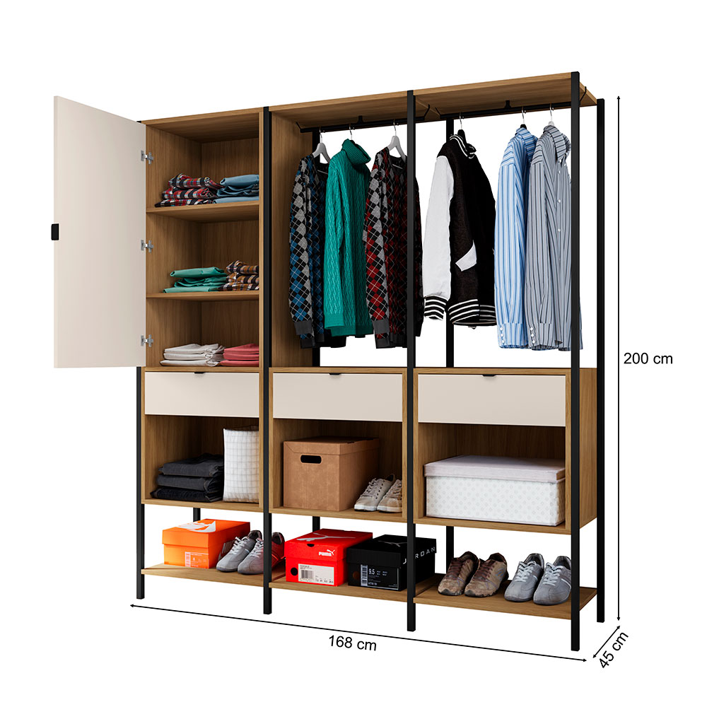 Guarda-Roupa Closet Modulado Maverick 1 Porta 3 Gavetas Carvalho e Off White 168 cm