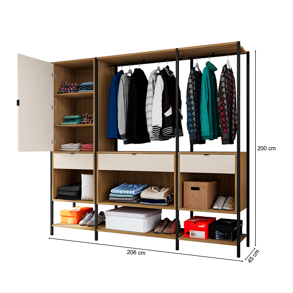 Guarda-Roupa Closet Modulado Maverick 1 Porta 3 Gavetas Carvalho e Off White 206 cm