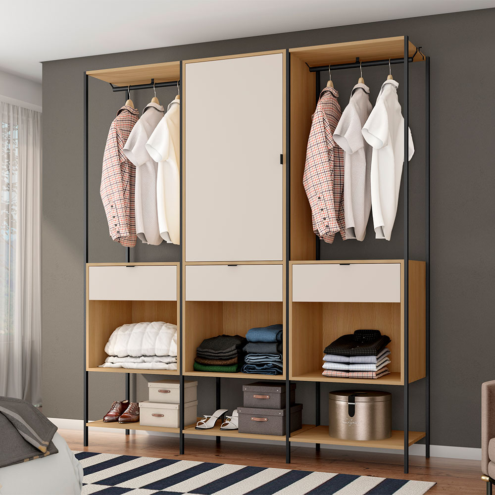 Guarda-Roupa Closet Modulado Maverick 1 Porta Central 3 Gavetas Carvalho e Off White 168 cm
