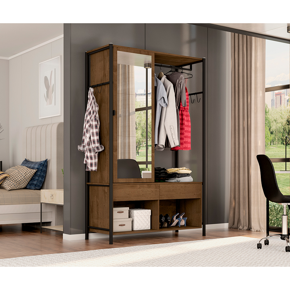 Guarda-Roupa Closet Modulado com Espelho New Barcelona 1 PT 2 GV Preto e Demolição 119 cm