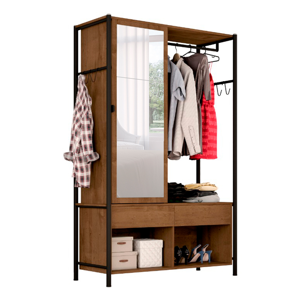 Guarda-Roupa Closet Modulado com Espelho New Barcelona 1 PT 2 GV Preto e Demolição 119 cm