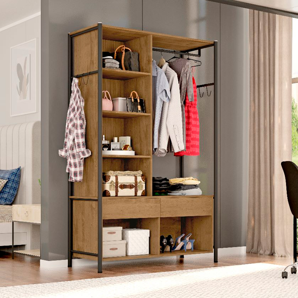 Guarda-Roupa Closet Modulado com Espelho New Barcelona 1 PT 2 GV Preto e Demolição 119 cm