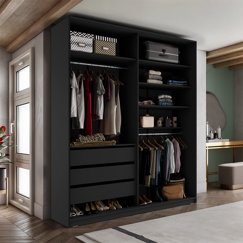 Guarda-Roupa Closet Monreale 100 % MDF 3 Gavetas Preto 160 cm
