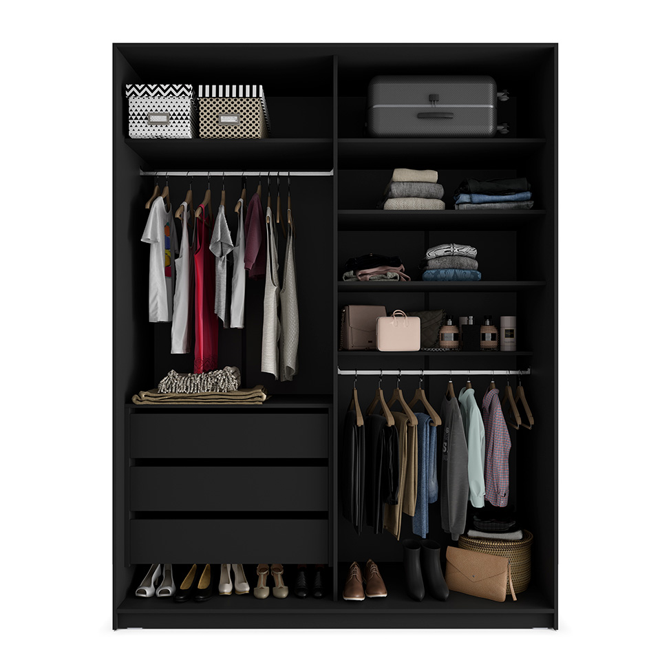 Guarda-Roupa Closet Monreale 100 % MDF 3 Gavetas Preto 160 cm