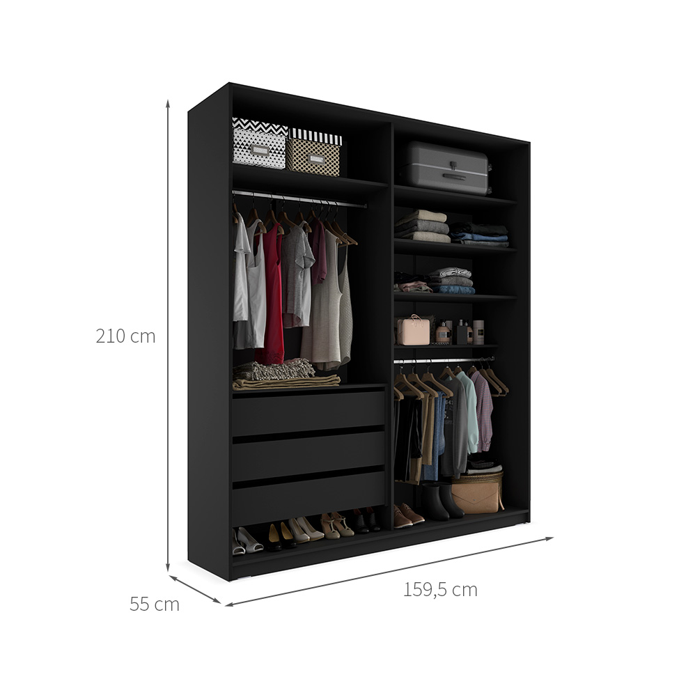 Guarda-Roupa Closet Monreale 100 % MDF 3 Gavetas Preto 160 cm