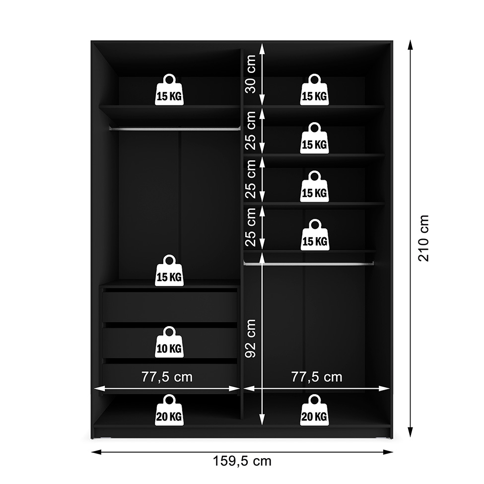 Guarda-Roupa Closet Monreale 100 % MDF 3 Gavetas Preto 160 cm