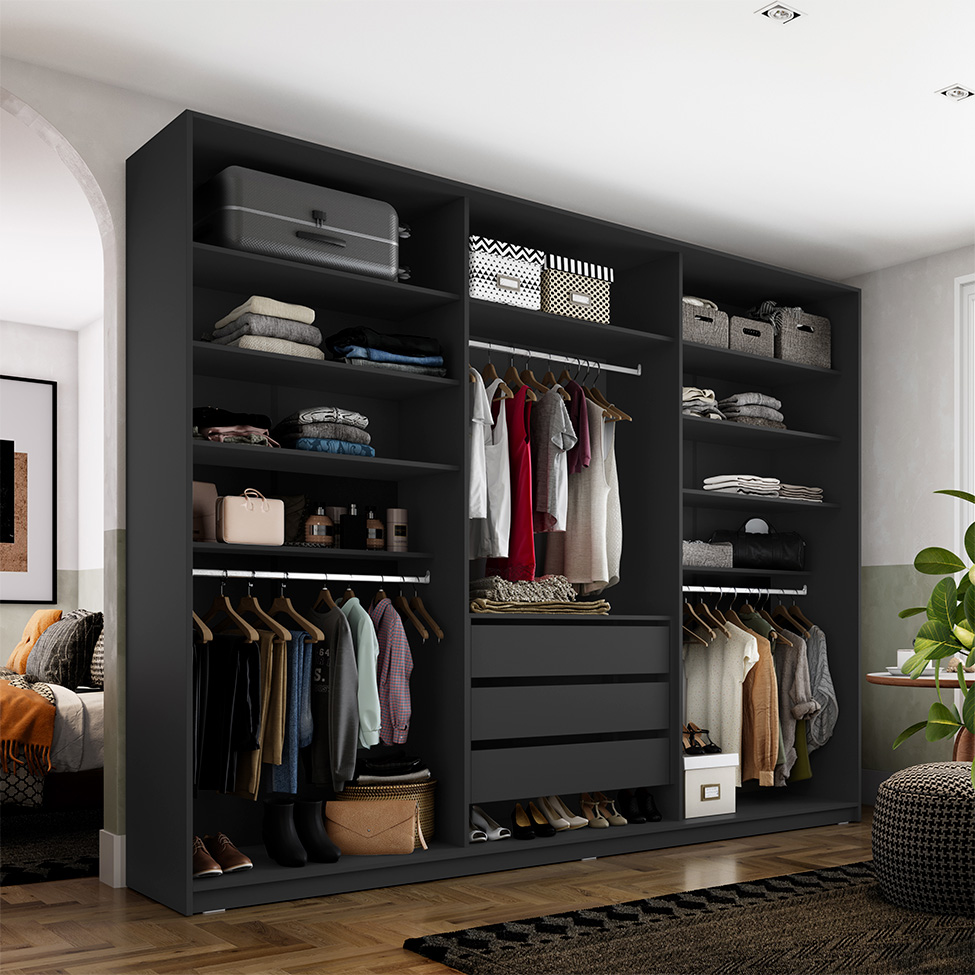 Guarda-Roupa Closet Monreale 100 % MDF 3 Gavetas Preto 237 cm