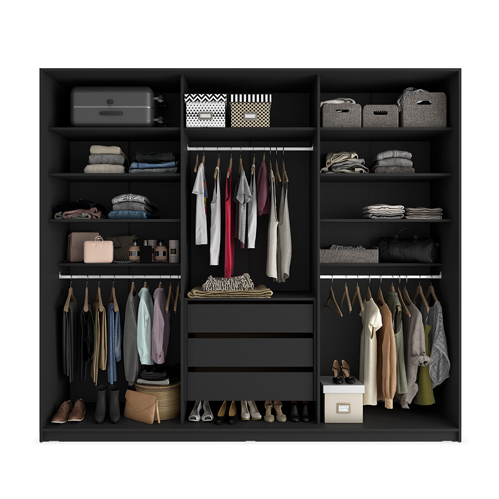 Guarda-Roupa Closet Monreale 100 % MDF 3 Gavetas Preto 237 cm