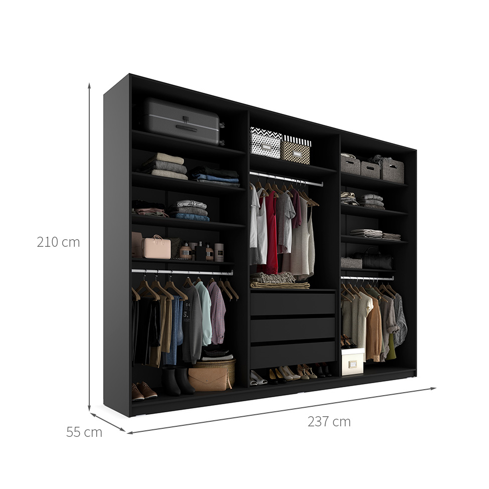 Guarda-Roupa Closet Monreale 100 % MDF 3 Gavetas Preto 237 cm