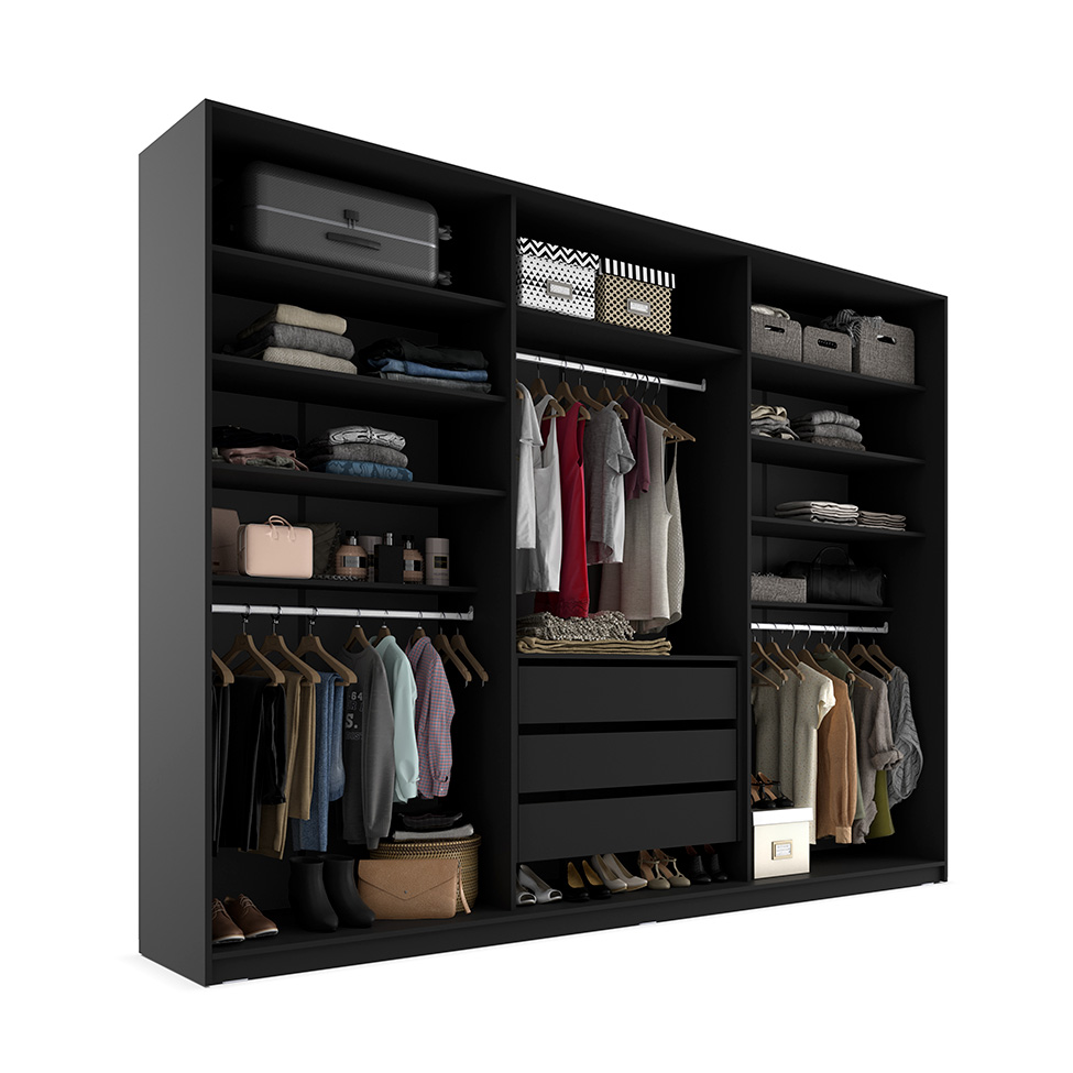 Guarda-Roupa Closet Monreale 100 % MDF 3 Gavetas Preto 237 cm