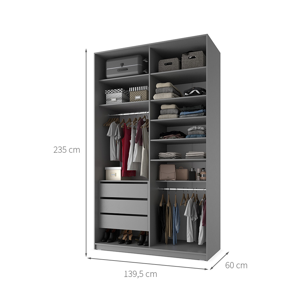 Guarda-Roupa Closet Sion 100% MDF 3 Gavetas Cinza 140 cm