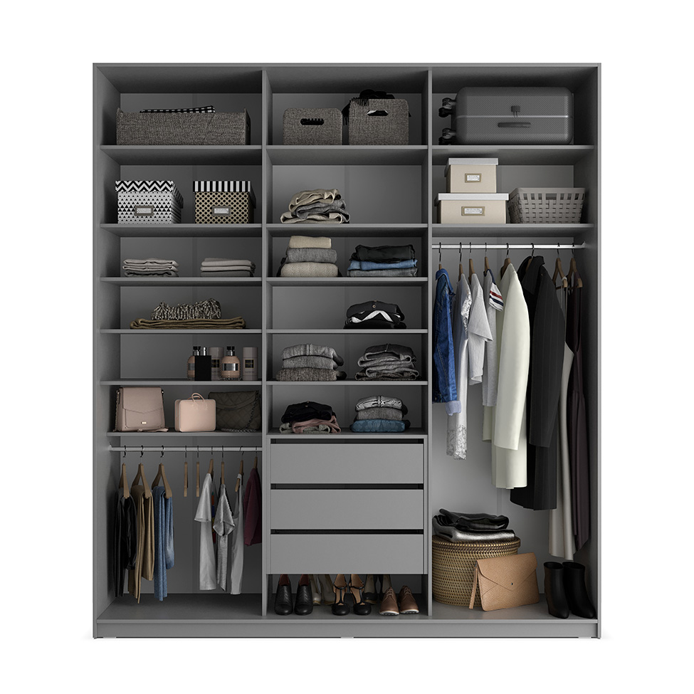 Guarda-Roupa Closet Sion 100% MDF 3 Gavetas Cinza 209 cm