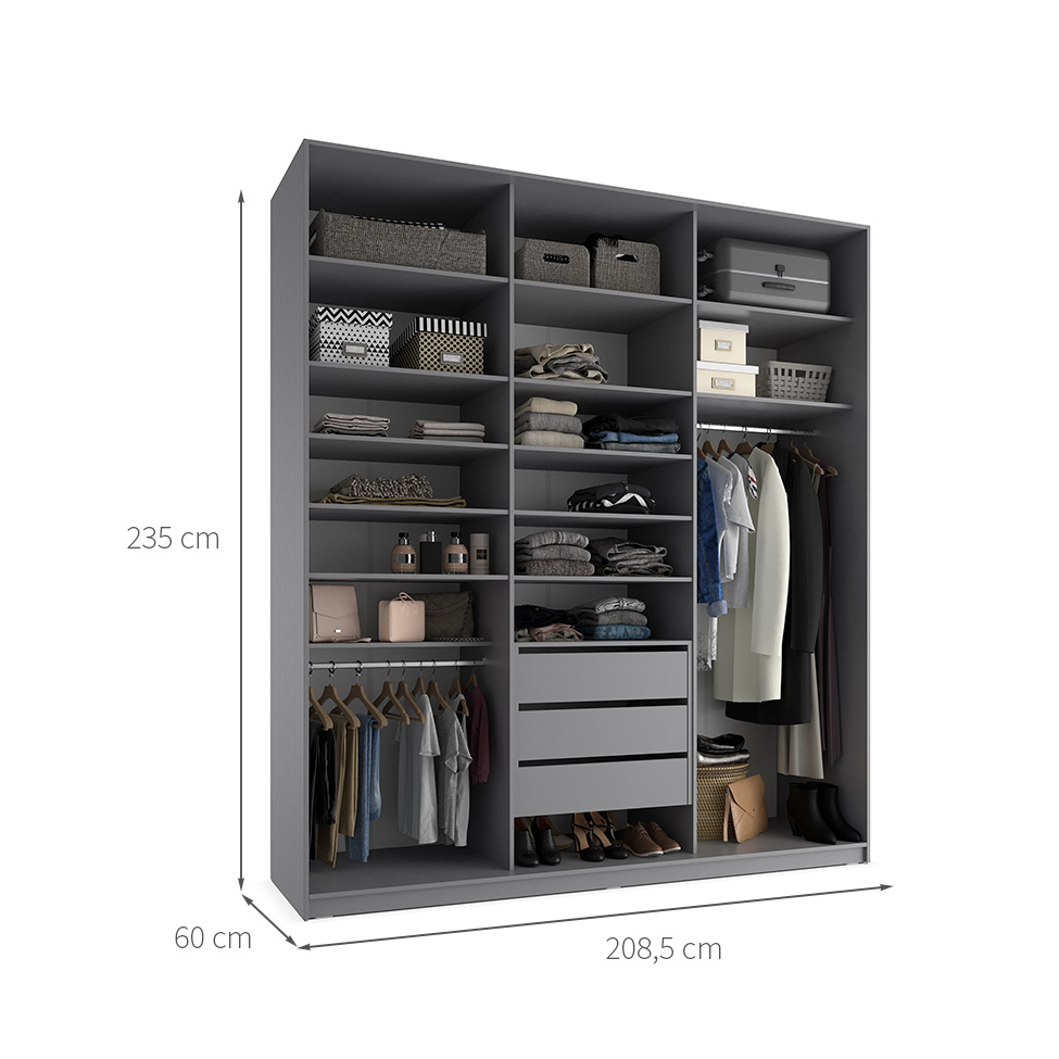 Guarda-Roupa Closet Sion 100% MDF 3 Gavetas Cinza 209 cm